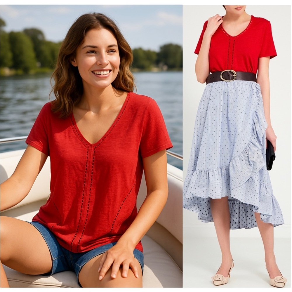 NWT MAJE 100% Linen Crochet Eyelet Trim V-Neck Short Sleeve Relaxed Fit Top M
